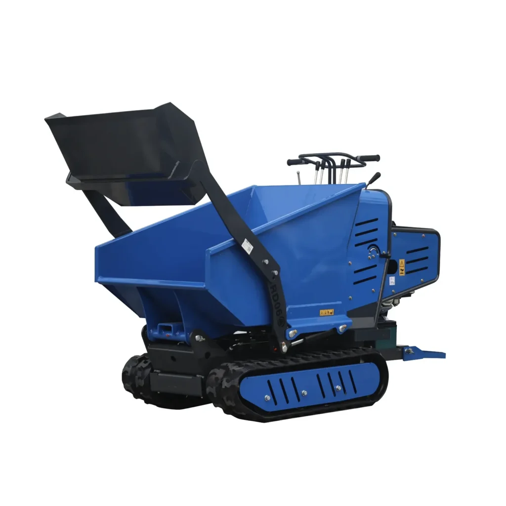Rippa RD06 minidumper med den främre lastskopan upplyft över flaket.